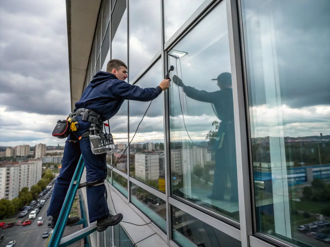 A technician cleaning windows on a commercial building, showcasing streak-free results and clear views.