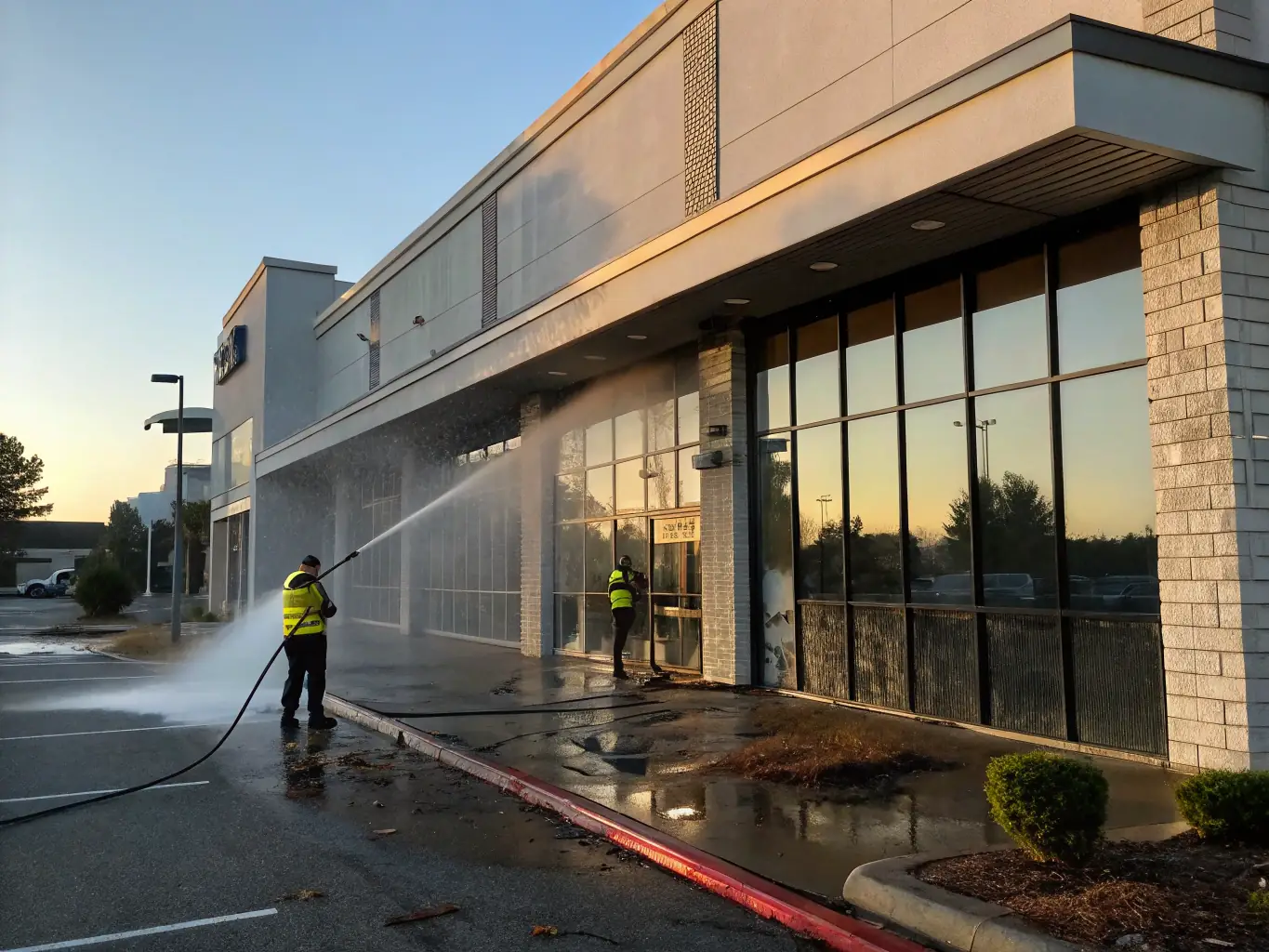 A commercial building being power washed, removing dirt and grime, with a noticeable improvement in appearance.
