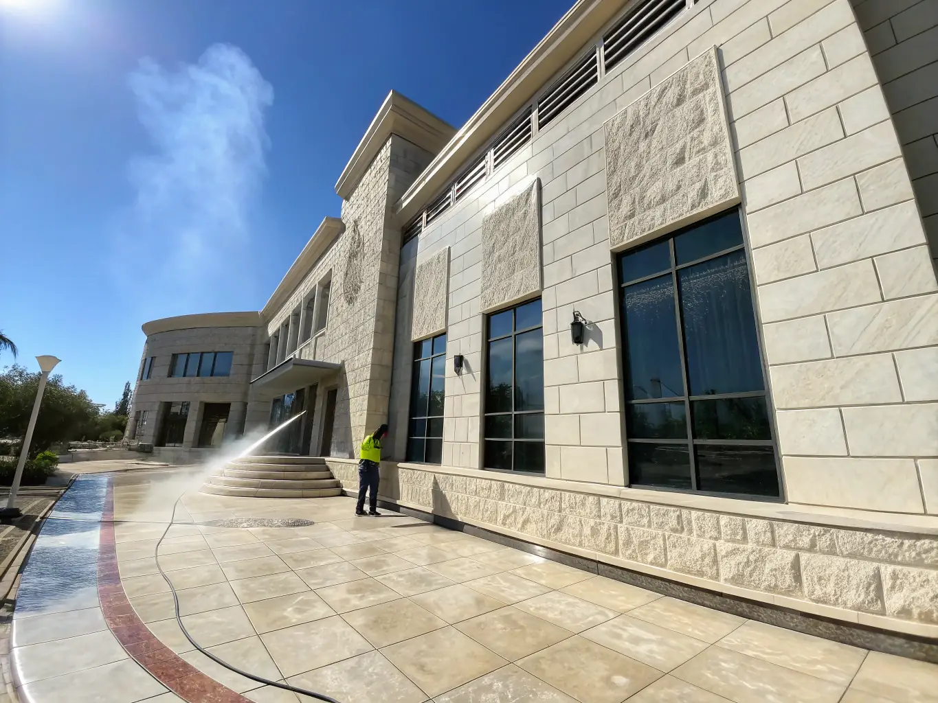 A commercial building with a freshly cleaned facade, highlighting the transformation. The image is used to promote building washing services.