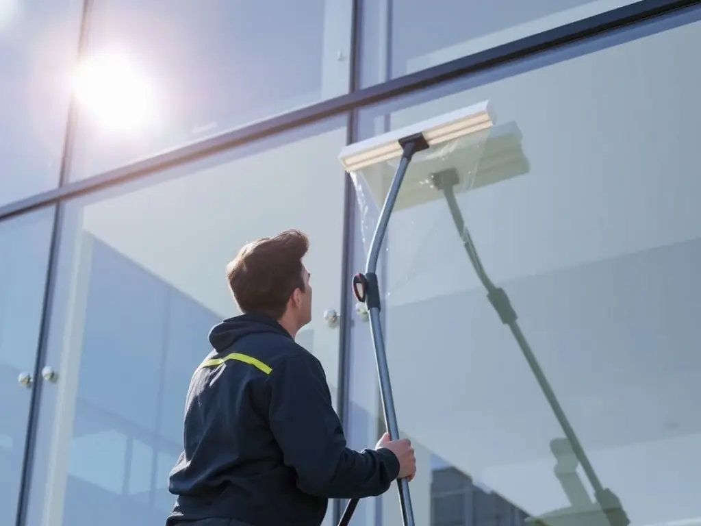 Sparkling clean windows reflecting sunlight, with a professional technician cleaning the glass. The image is used to promote window cleaning services.