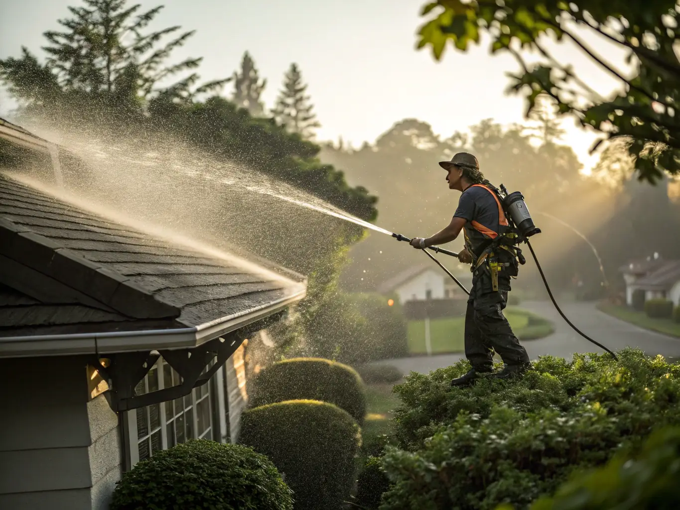 A residential roof being power washed, removing moss and algae, with a clear before-and-after difference visible.